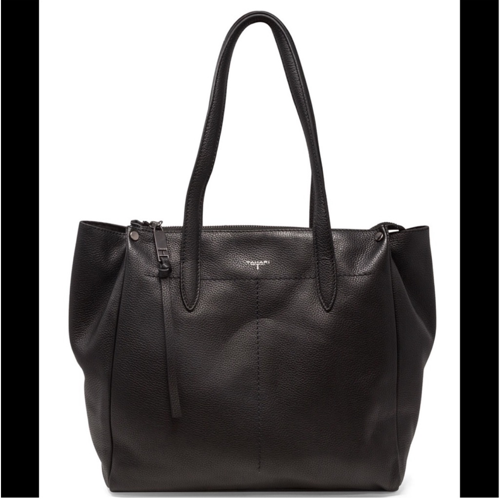 T Tahari Fallon Zip Top Pebble Leather Tote. Black
